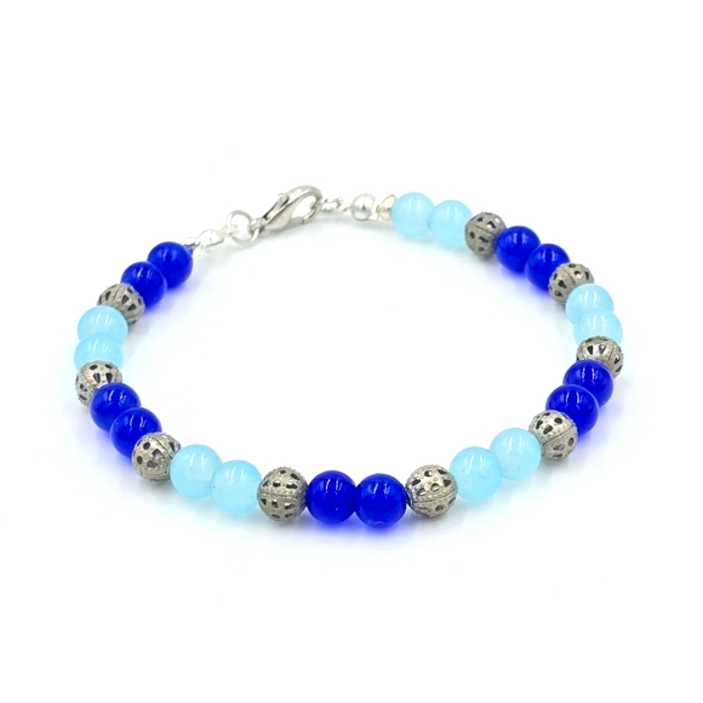 Handmade Light & Dark Blue Glass Beads & Antique Silver Beads Stretch Bracelet